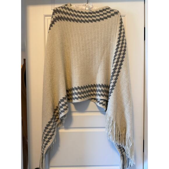 Gray & White Fringed Knit Boho Sweater Poncho, One Size, by Karma - Picture 4 of 5